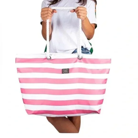 Pink & White Striped Rope Handle Tote Bag With Inner Zipper Pocket - Picture 4 of 4